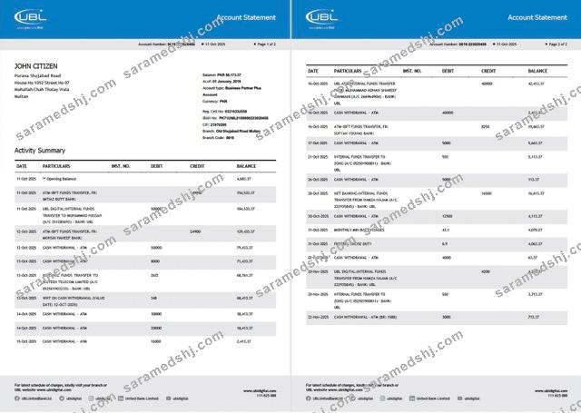 Pakistan United Bank Limited account statement Word and PDF template, 2 pages